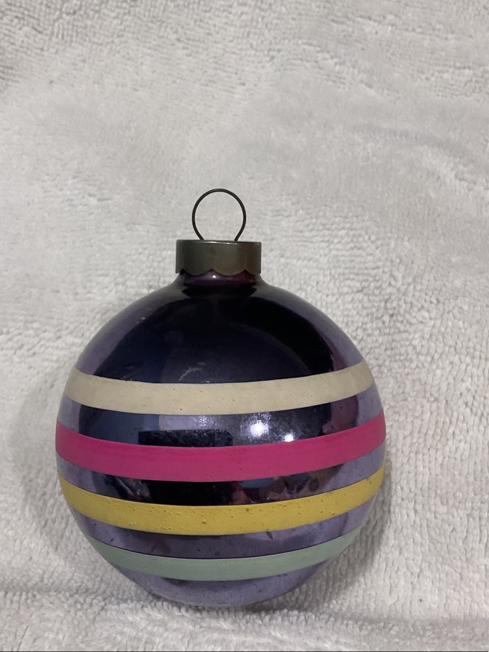 Holiday Glass Ornament with Purple and Multicolor Stripes